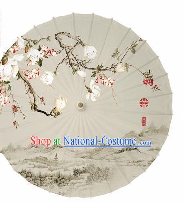 Chinese Traditional Printing Yulan Magnolia Grey Oil Paper Umbrella Artware Paper Umbrella Classical Dance Umbrella Handmade Umbrellas