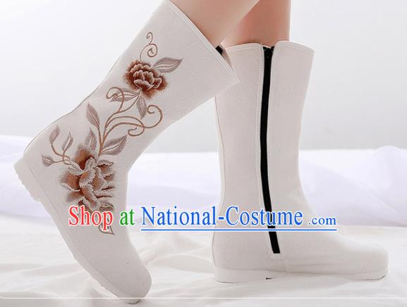 Asian Chinese Embroidered Peony White Boots Traditional Opera Boots Hanfu Shoes for Women