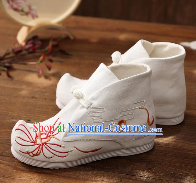 Asian Chinese Embroidered Red Spider Lily Boots Traditional Opera Boots Hanfu Shoes for Women