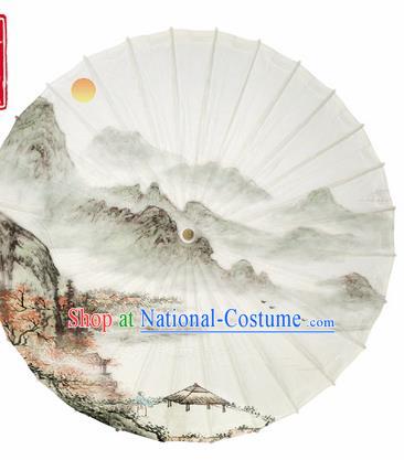 Chinese Traditional Printing Landscape White Oil Paper Umbrella Artware Paper Umbrella Classical Dance Umbrella Handmade Umbrellas