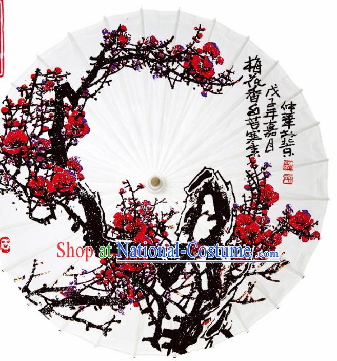 Chinese Traditional Ink Painting Plum White Oil Paper Umbrella Artware Paper Umbrella Classical Dance Umbrella Handmade Umbrellas