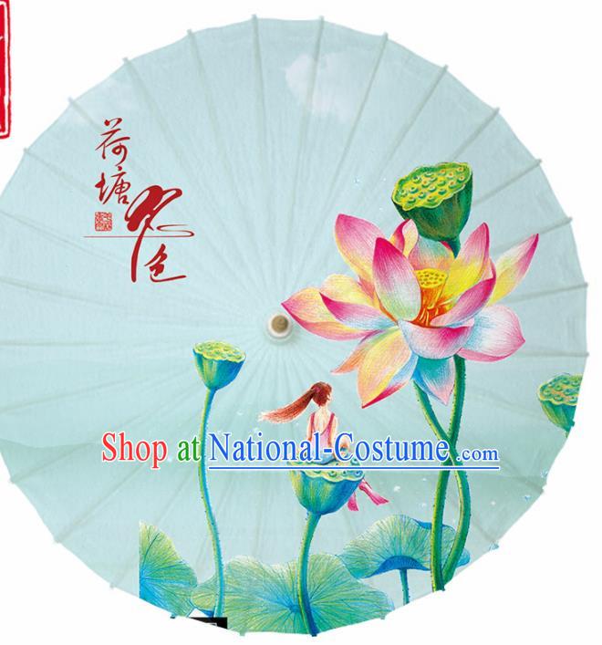 Chinese Traditional Printing Lotus Green Oil Paper Umbrella Artware Paper Umbrella Classical Dance Umbrella Handmade Umbrellas