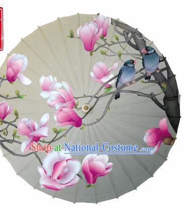 Chinese Traditional Printing Mangnolia Grey Oil Paper Umbrella Artware Paper Umbrella Classical Dance Umbrella Handmade Umbrellas