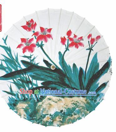 Chinese Traditional Printing Orchids White Oil Paper Umbrella Artware Paper Umbrella Classical Dance Umbrella Handmade Umbrellas