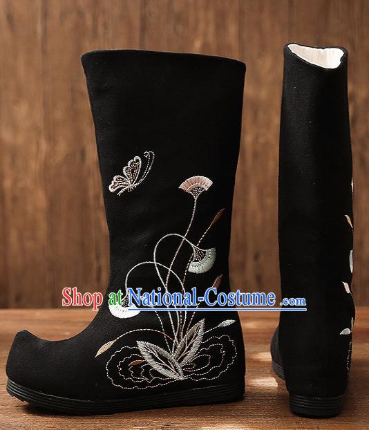 Asian Chinese Embroidered Black High Boots Traditional Opera Boots Hanfu Shoes for Women