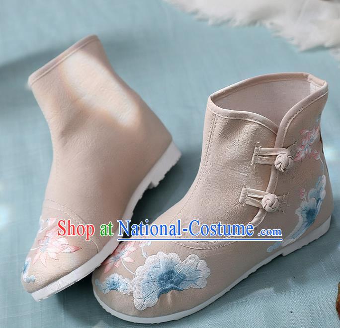 Asian Chinese Embroidered Lotus Khaki Ankle Boots Traditional Opera Boots Hanfu Shoes for Women