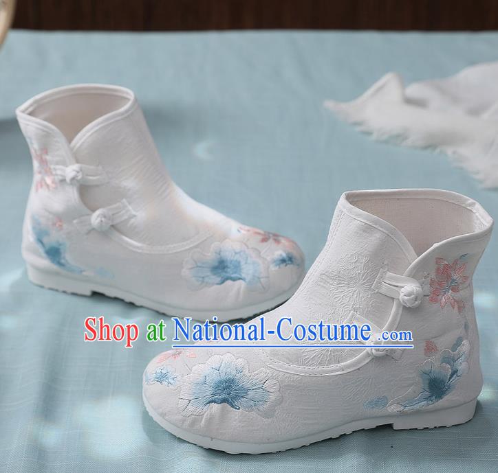 Asian Chinese Embroidered Lotus White Ankle Boots Traditional Opera Boots Hanfu Shoes for Women