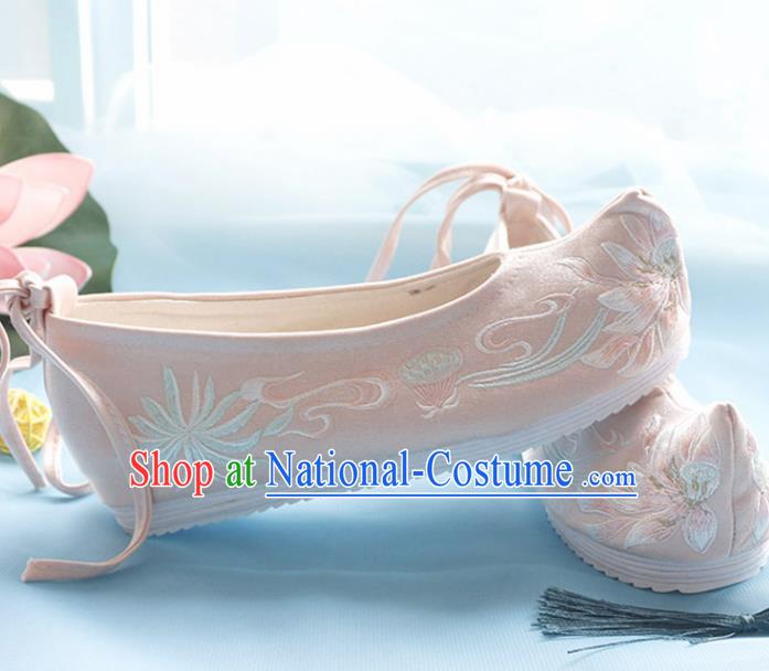 Asian Chinese Embroidered Lotus Pink Bow Shoes Hanfu Shoes Traditional Opera Shoes Princess Shoes for Women