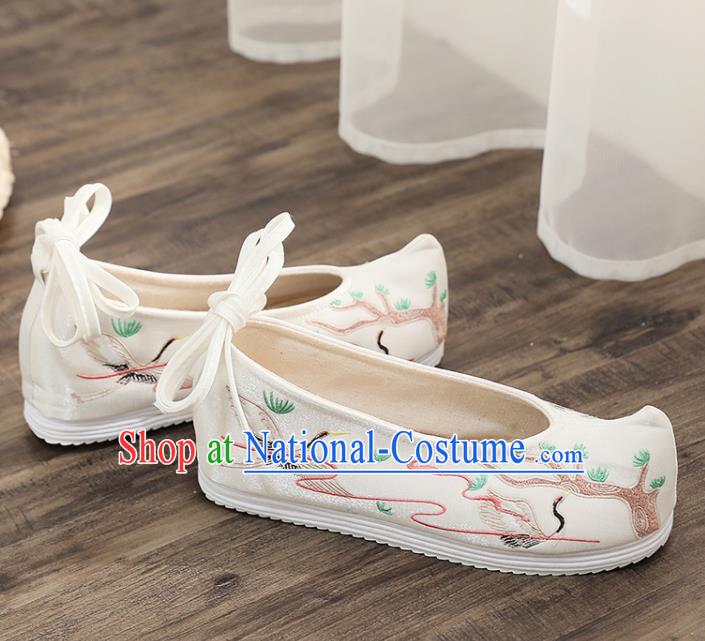 Asian Chinese Embroidered Pine Crane White Bow Shoes Hanfu Shoes Traditional Opera Shoes Princess Shoes for Women