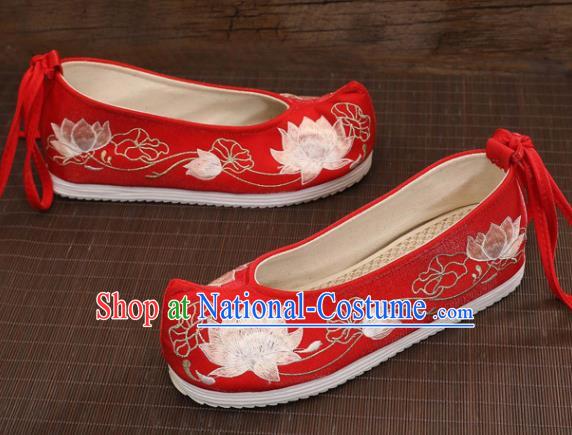 Asian Chinese Embroidered Lotus Red Bow Shoes Hanfu Shoes Traditional Opera Shoes Princess Shoes for Women