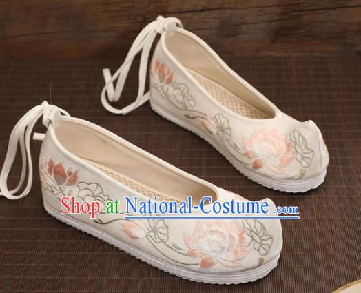 Asian Chinese Embroidered Lotus White Bow Shoes Hanfu Shoes Traditional Opera Shoes Princess Shoes for Women