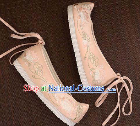 Asian Chinese Embroidered Lotus Pink Bow Shoes Hanfu Shoes Traditional Opera Shoes Princess Shoes for Women