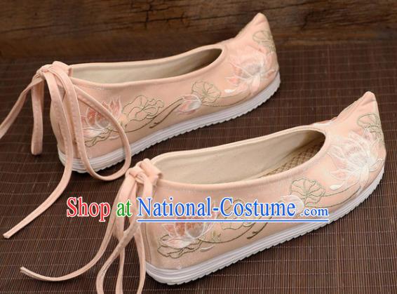 Asian Chinese Embroidered Lotus Pink Bow Shoes Hanfu Shoes Traditional Opera Shoes Princess Shoes for Women