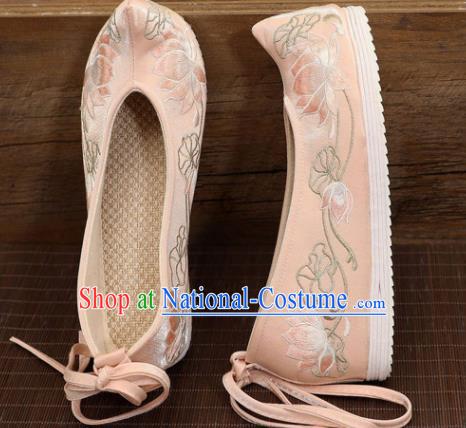 Asian Chinese Embroidered Lotus Pink Bow Shoes Hanfu Shoes Traditional Opera Shoes Princess Shoes for Women