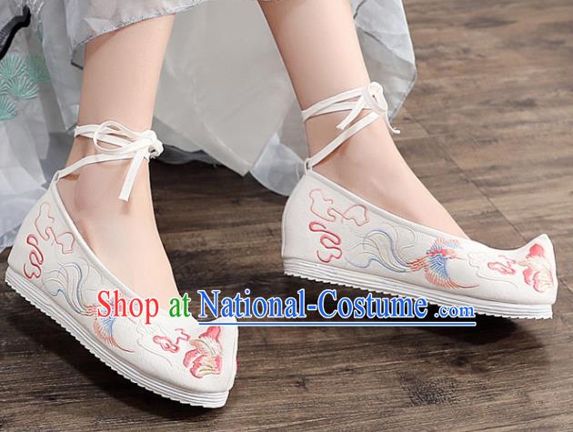 Asian Chinese Embroidered Phoenix Peony White Bow Shoes Hanfu Shoes Traditional Opera Shoes Princess Shoes for Women