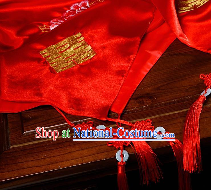 Chinese Traditional Wedding Embroidered Peony Red Veil Cover Ancient Bride Headdress for Women