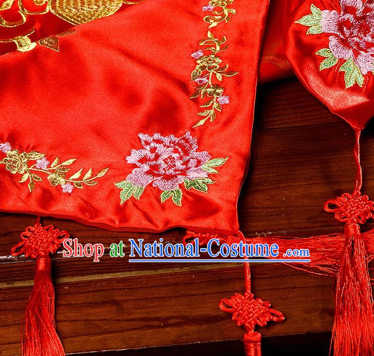 Chinese Traditional Embroidered Wedding Red Veil Cover Ancient Bride Headdress for Women