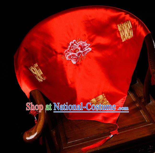 Chinese Traditional Wedding Embroidered Peony Red Veil Cover Ancient Bride Headdress for Women