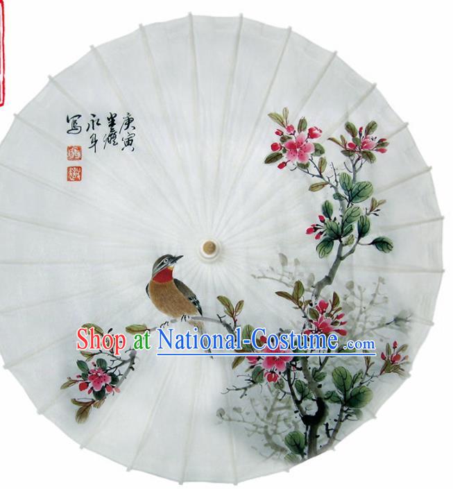 Chinese Traditional Printing Peach Blossom White Oil Paper Umbrella Artware Paper Umbrella Classical Dance Umbrella Handmade Umbrellas