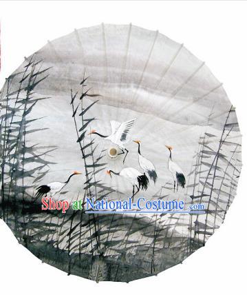 Chinese Traditional Printing Cranes Reeds Oil Paper Umbrella Artware Paper Umbrella Classical Dance Umbrella Handmade Umbrellas