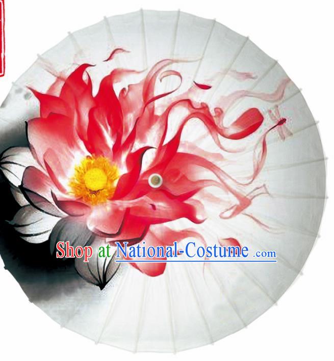 Chinese Traditional Printing Red Lotus Oil Paper Umbrella Artware Paper Umbrella Classical Dance Umbrella Handmade Umbrellas