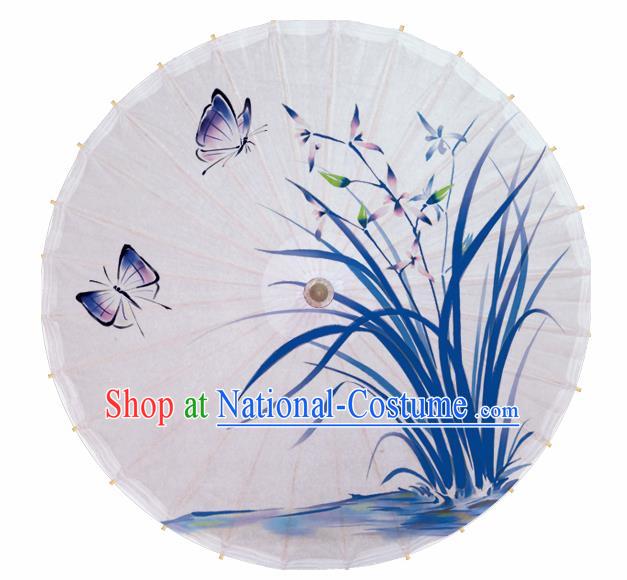 Chinese Printing Orchid White Oil Paper Umbrella Artware Paper Umbrella Traditional Classical Dance Umbrella Handmade Umbrellas