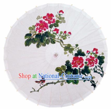 Chinese Printing Peony White Oil Paper Umbrella Artware Paper Umbrella Traditional Classical Dance Umbrella Handmade Umbrellas