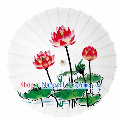 Chinese Printing Lotus White Oil Paper Umbrella Artware Paper Umbrella Traditional Classical Dance Umbrella Handmade Umbrellas