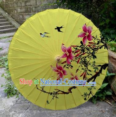 Chinese Printing Flowers Yellow Oil Paper Umbrella Artware Paper Umbrella Traditional Classical Dance Umbrella Handmade Umbrellas