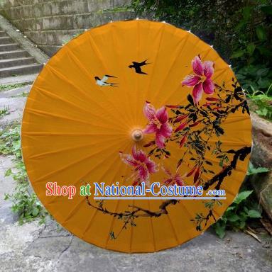 Chinese Printing Flowers Orange Oil Paper Umbrella Artware Paper Umbrella Traditional Classical Dance Umbrella Handmade Umbrellas