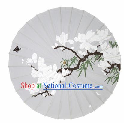 Chinese Traditional Printing Mangnolia Grey Oil Paper Umbrella Artware Paper Umbrella Classical Dance Umbrella Handmade Umbrellas