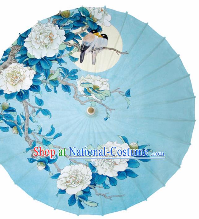 Chinese Printing Camellia Blue Oil Paper Umbrella Artware Paper Umbrella Traditional Classical Dance Umbrella Handmade Umbrellas