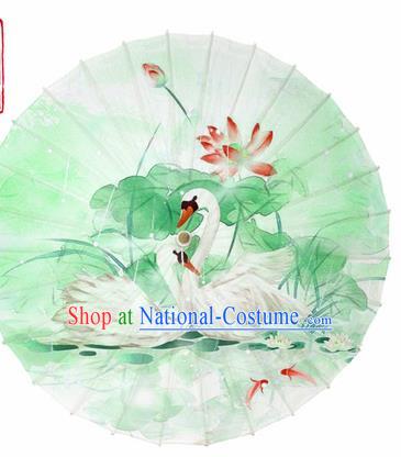 Chinese Printing Swan Lotus Green Oil Paper Umbrella Artware Paper Umbrella Traditional Classical Dance Umbrella Handmade Umbrellas