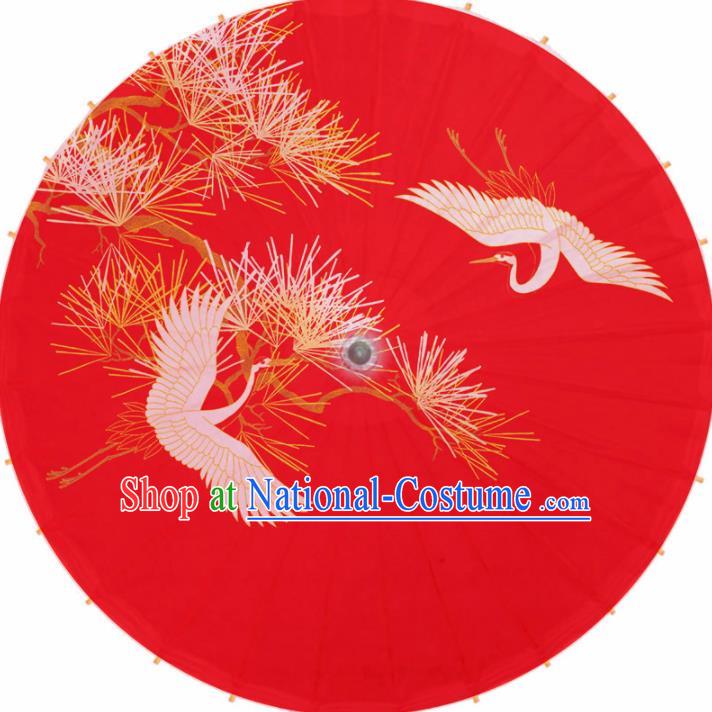 Chinese Artware Paper Umbrella Traditional Printing Pine Crane Red Oil Paper Umbrella Classical Dance Umbrella Handmade Umbrellas