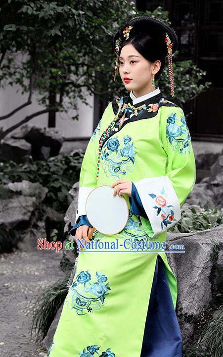 Chinese Drama Ancient Manchu Palace Lady Costumes Traditional Qing Dynasty Court Maid Green Dress for Women