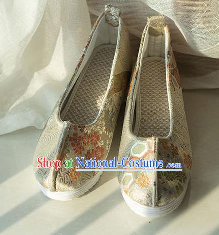 Asian Chinese Traditional Hanfu Beige Brocade Shoes Ancient Princess Shoes Handmade Shoes for Women