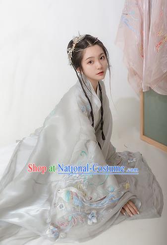 Chinese Ancient Hanfu Embroidered Grey Cardigan Traditional Ming Dynasty Princess Costumes for Women