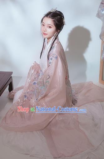 Chinese Ancient Hanfu Embroidered Light Pink Cardigan Traditional Ming Dynasty Princess Costumes for Women