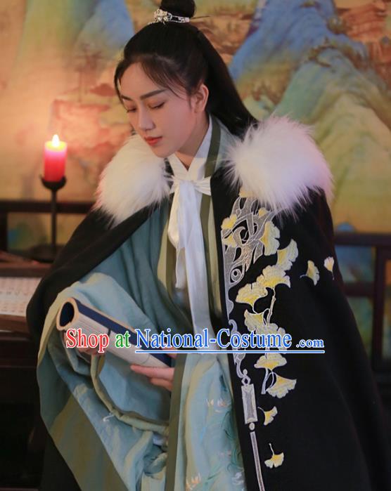 Chinese Ancient Swordsman Embroidered Ginkgo Black Cape Traditional Jin Dynasty Prince Clothing for Men