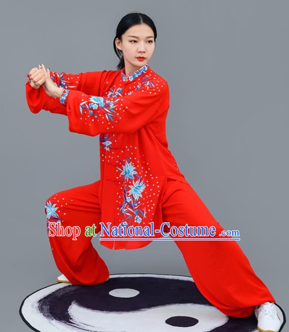 Chinese Traditional Tai Chi Training Embroidered Blue Flowers Costumes Martial Arts Performance Outfits for Women