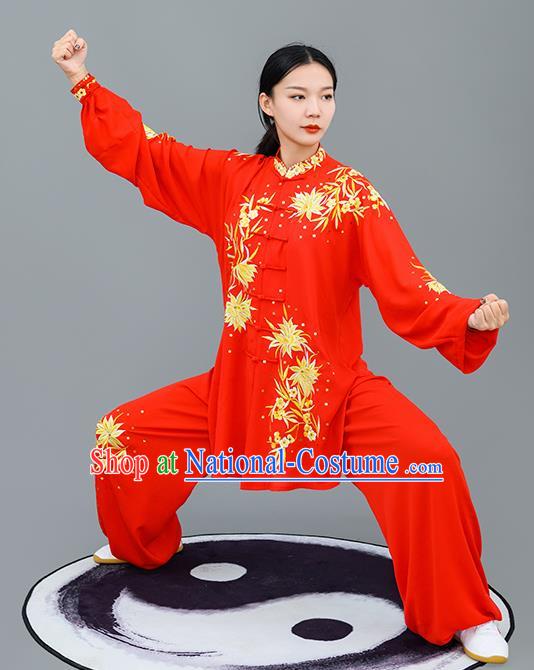 Chinese Traditional Tai Chi Training Embroidered Golden Flowers Costumes Martial Arts Performance Outfits for Women