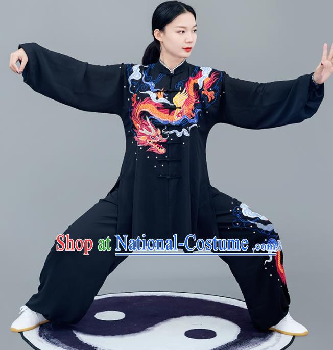 Chinese Traditional Tai Chi Training Embroidered Dragon Black Costumes Martial Arts Performance Outfits for Women