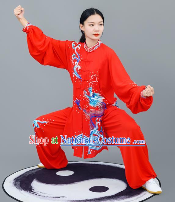 Chinese Traditional Tai Chi Training Embroidered Dragon Red Costumes Martial Arts Performance Outfits for Women