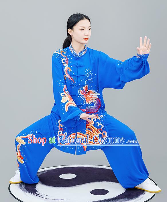 Chinese Traditional Tai Chi Training Embroidered Dragon Royalblue Costumes Martial Arts Performance Outfits for Women