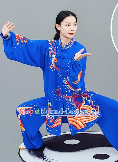 Chinese Traditional Tai Chi Training Embroidered Dragon Royalblue Costumes Martial Arts Performance Outfits for Women