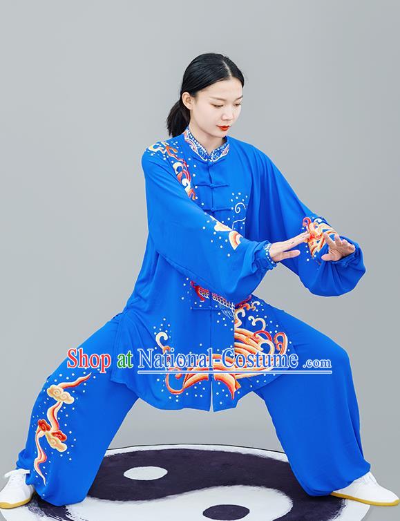 Chinese Traditional Tai Chi Training Embroidered Dragon Royalblue Costumes Martial Arts Performance Outfits for Women