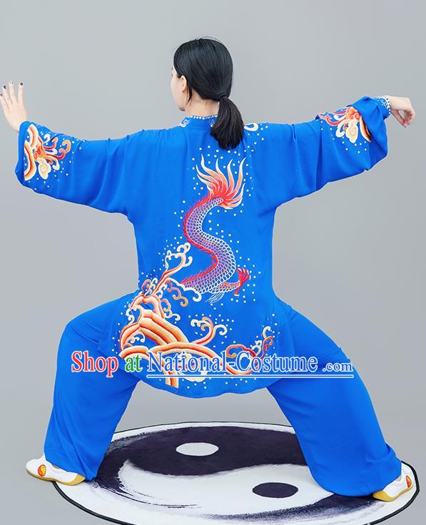 Chinese Traditional Tai Chi Training Embroidered Dragon Royalblue Costumes Martial Arts Performance Outfits for Women