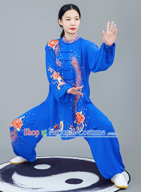 Chinese Traditional Tai Chi Training Embroidered Phoenix Peony Royalblue Costumes Martial Arts Performance Outfits for Women