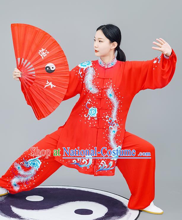 Chinese Traditional Tai Chi Training Embroidered Phoenix Peony Red Costumes Martial Arts Performance Outfits for Women