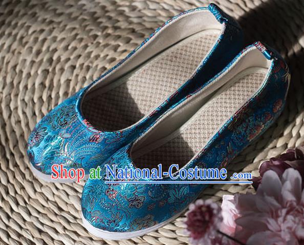 Asian Chinese Traditional Hanfu Blue Brocade Shoes Ancient Princess Shoes Handmade Shoes for Women